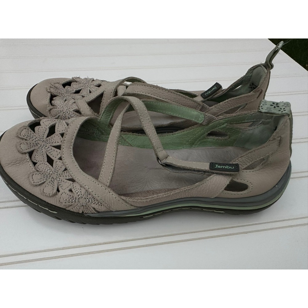 Jambu Blossom Encore Taupe Leather Floral Mary Jane Flats Womens 7M